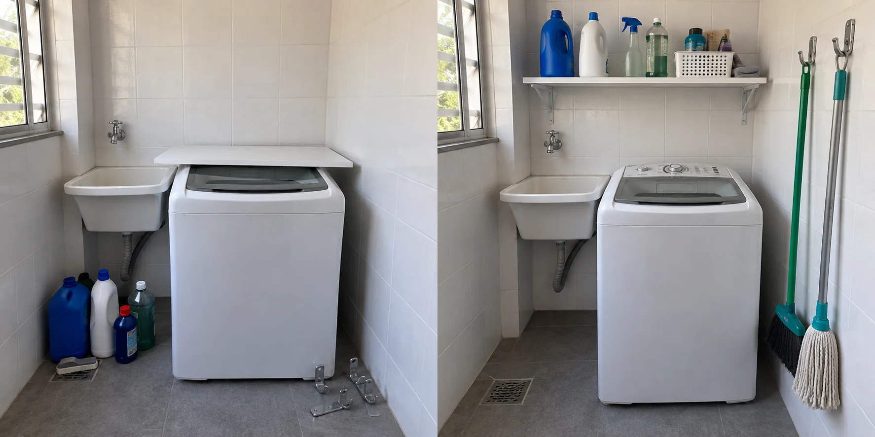 Simulação ilustrativa de antes e depois: Prateleira e suportes sem fixação, com itens da lavanderia no chão. Depois: Prateleira e suportes instalados, liberando espaço na lavanderia.