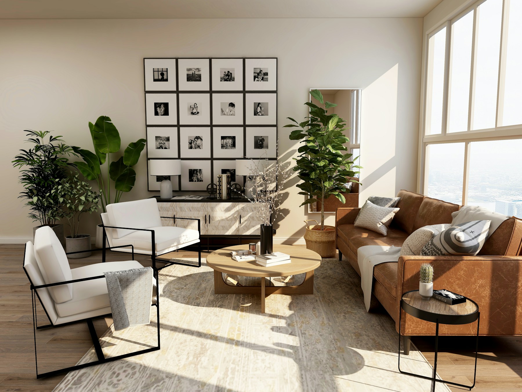 Sala com luz natural, sofá de couro e madeira, referência de cores e acabamentos